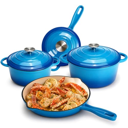 Image of LIFERUN 7Pcs Enameled Cast Iron Cookware Set, Cast Iron Pots and Pans Set