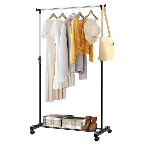 Youyijia Clothes Rail Extendable Clothes Rack (90-165) x85x42cm Portable Clothing Rail for Bedroom Small Hanging Rail on Wheels Adjustable Dress Coat Rack Tidy with Storage Stand Single Pole