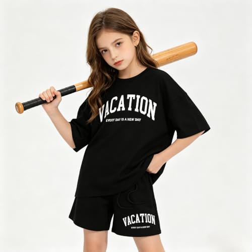 Image of Size 6-12 Years Girl's Tracksuit Sets 2 Piece Outfits Letter Print Vacation Tee Top and Drawstring Waist Shorts