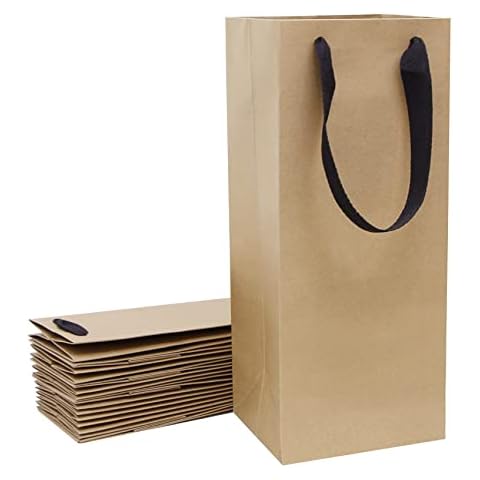 Wine Bottle Gift Bags,10 Pack Brown Paper Gift Bags With Handles Kraft Plain Gift Bags Bulk for Small Business-6 * 5 * 15inch Cover