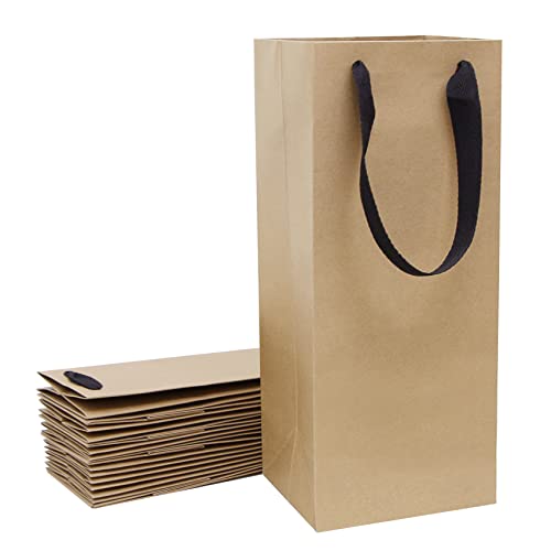 Aimyoo Large Brown Wine Bottle Bags Bulk 6x5x15 inch 10 Pack Kraft Paper Gift Bags with Handles for Wedding Festival Retail