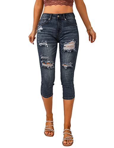 Vetinee Women's High Waisted Casual Ripped Skinny Slim Fit Stretch Denim Capri Jeans