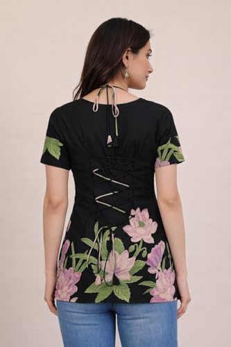 Image of Women's Floral Pure Cotton V-Neck Short Kurti (Has Lining) | Lightweight Short Sleeve Tunic | Breathable Stylish Casual & Office Wear Top