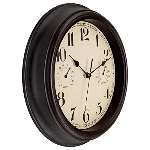 Foxtop Indoor Outdoor Waterproof Wall Clock with Thermometer and Hygrometer Combo, 12 inch Retro Silent Non-Ticking Battery Operated Quality Quartz Round Clock for Patio Home Decor (Bronze)