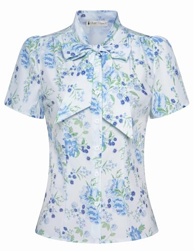 Image of Belle Poque Summer Short Sleeve Office Button Down Blouse Stripe Shirt Tops with Bow Tie BP573