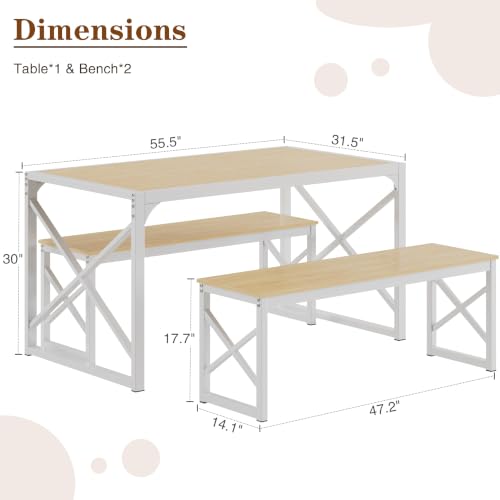 Image of VECELO 55 inch Kitchen Dining Table Set for 4, Heavy-Duty Steel Frame & Wood-Grain Tabletop, Space-Saving Dinette Sets with 2 Benches for Breakfast Nook and Small Space, Natural