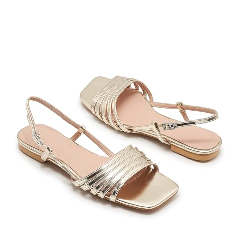 Women's Strappy Flat Sandals Open Square Toe Slingback Gladiator Flats Sandal Summer Vacation Dressy Beach Shoes3