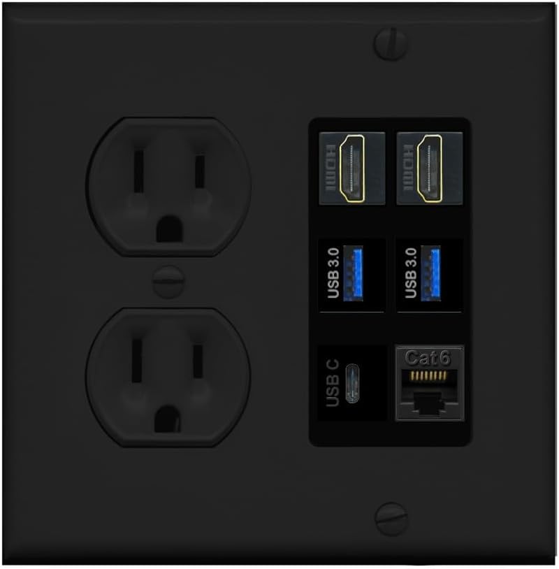 RiteAV 2 HDMI USB 3.0 Type C Cat6 RJ45 Ethernet Wall Face Plate - Round Outlet [Black/Black]