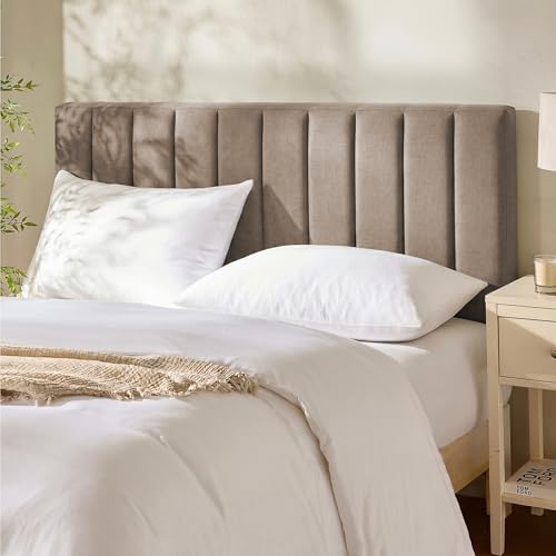 Image of Hearth & Harbor Wall Mounted Full Headboard Only, Bed Headboard Full Size | Easy Assemble, Floating Peel & Stick, Upholstered Channel Stitched, 3D Wall Panels, 5 Strips of 3M Tape Included, Mocha Brown
