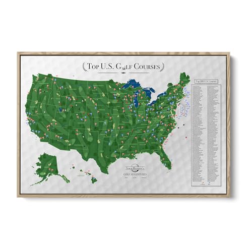 Image of Push Pin Travel Maps Top 200 Golf Courses USA Canvas - Personalized Golf Course Tracker with Pins, Framed Golf Wall Decor - Natural Float Frame - 24 inch x 36 inch
