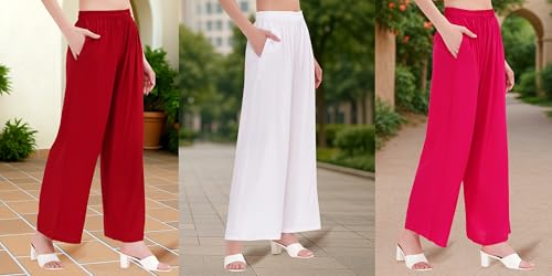 Image of Buy That Trendz Palazzo Pants for Women Rayon Elasticated Regular Fit Flared Wide Leg M to 6XL Pack of 3