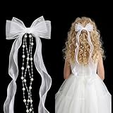 Haarschmuck Kommunion Mädchen,Erstkommunion Weiß Blumenkranz Kopfschmuck,First Communion Haare Kranz,Hochzeit Blumenmädchen Bändern Mit Perlen Bow Haarkranz für Konfirmation Hochzeitsfeiern Hair