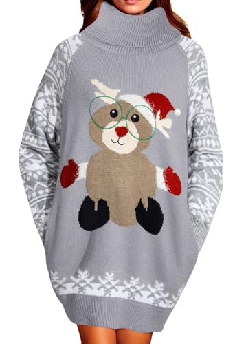 Pink Queen Damen Übergroßes Langes Pulloverkleid Rollkragen Taschen Minikleid Weihnachtskleider Strick Pullover Grau M