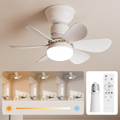 BBSolar Socket Fan Light, Ceiling Fans with Lights and Remote Control, 3 Fan Speeds, Replacement for Lightbulb - Bedroom, Kitchen, Living Room,1200 Lumens / 3000~6500K Tunnable Cover