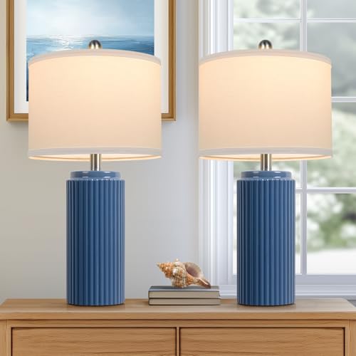 TOBUSA 23.5&rsquo;&rsquo; Blue Table Lamps for Bedroom Set of 2, Modern Farmhouse Ceramic Bedside Nightstand...