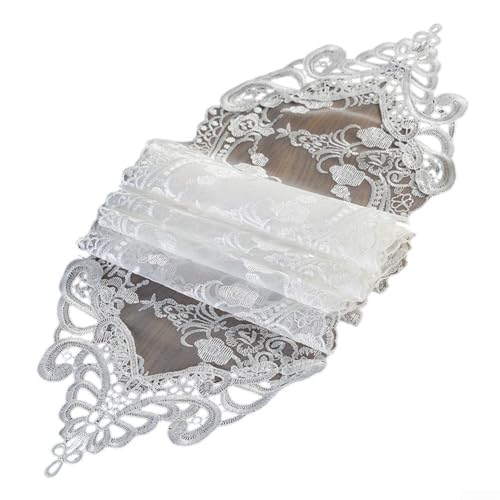 Mesa bordada de encaje blanco, malla transparente con patrón de plantas, cubierta de mantel para Navidad, boda, hogar, hotel, decoración (26 x 250 cm)