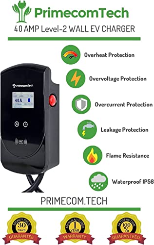 Primecom 40 / 32Amp Smart Electric Vehicle Ev Wall Charging Station - Level 2 Evse- 220/240 Volt- 40/32 Amp Electric Car Charger, Plug-In 25 Ft Wall-Charger (40Amp Nema 14-50) #TOP3
