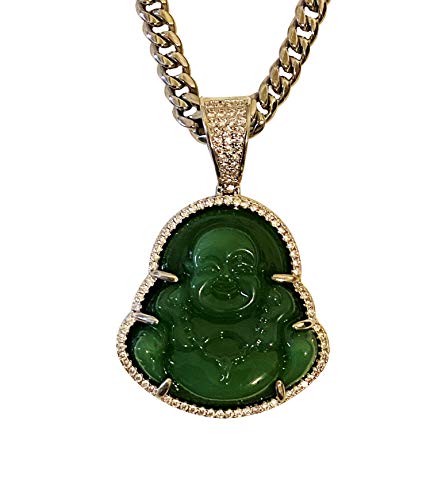 Smiling Happy Iced Laughing Buddha Green Jade Pendant Necklace Miami Cuban Chain Cz Box Lock, Genuine Certified Grade A Jadeite Jade Hand Crafted, Silver Jade Medallion 6mm 20