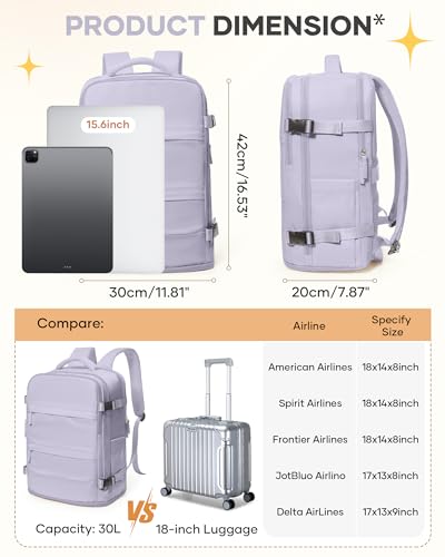 Image of Carry On Backpack Personal Item Travel Backpack For Women Airline /Flight Approved Waterproof Sports Luggage Casual Daypack Small Hiking Backpack Purple