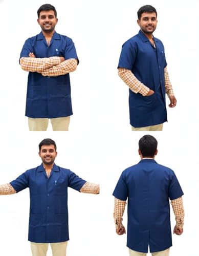 Image of Engineering Lab Apron for Engineering students | Unisex Navy Blue Lab Coat | Short Sleeves | 3 Pockets Apron Lab | Made for Engineering students /Industrial use