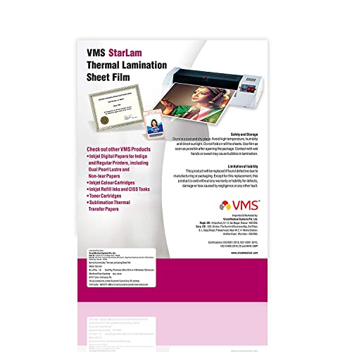Image of VMS Starlam Thermal A4 Lamination Pouch Sheets 225mmx310mm 125 Micron 100 Laminating Sheets for Certificate and Documents