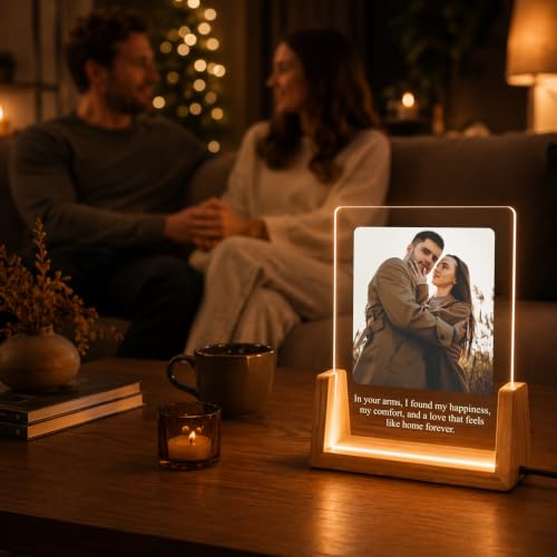 Image of Giftplease Personalized LED Acrylic Photo Frame with Custom Photo & Text | Engraved Acrylic Picture Lamp | Wooden LED Base | USB Night Light | Anniversary Wedding Birthday Couple Family Home Decor