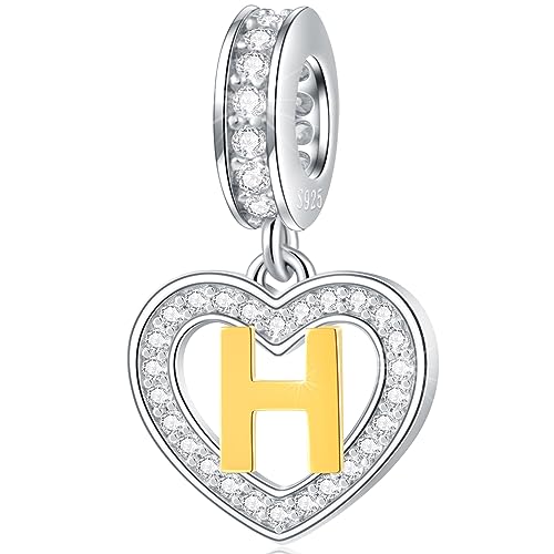 Image of GLOWDAS 18K Gold Plated Letter Charms Initial A to Z Necklace Pendant, 925 Sterling Silver CZ Heart Dangle Alphabet Beads fit European DIY Bracelet, Gifts for Valentiens /Christmas /Family