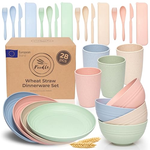FOODLE Wheat Straw Dinnerware Set - BPA Free & Safety Tested - Dishwasher & Microwave Safe - Toddler & Kids Plates and Bowls Sets - Plastic Plates...