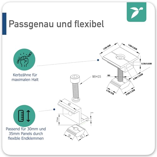 Montageset für 2 PV Module - Solarmodul & Balkonkraftwerk Halterung Schienen Endklemmen Mittelklemmen 35mm 30mm - Montage Set Befestigung Profile Solar Photovoltaik Solarpanel Montagesystem | Mahona