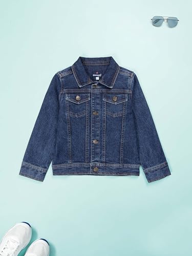 Image of KiddoPanti Boys Denim Jacket | Cotton Poly Blend with Spandex | Washed Denim, Full Sleeve | Button Closure & Front Flap Pockets | Collared Neck