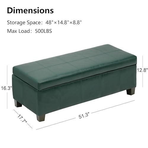 Image of 51 Inch Storage Ottoman, Storage Bench with Safety Hinge, Upholstered Synthetic Leather Ottoman Bench for Bedroom, Living Room, Entryway, Hallway, Foot Rest, Support 500lbs