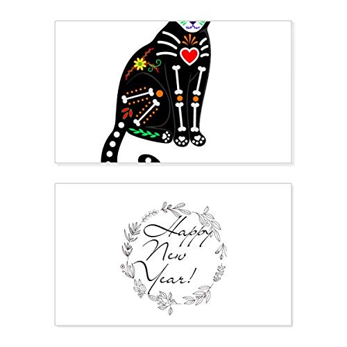 Tarjeta de felicitación de gato negro y hueso de corazón para Halloween y Año Nuevo