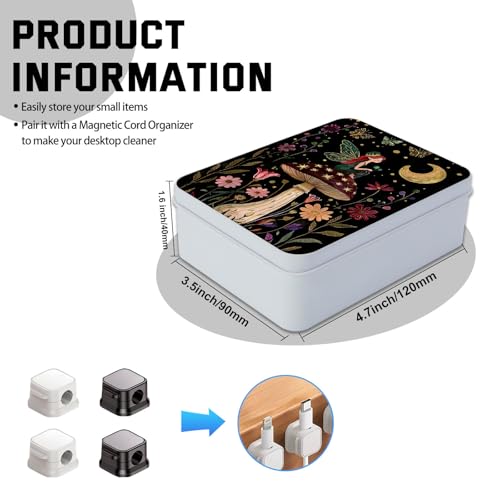 Image of Metal Tin Box with Lid,Multi-functional Storage Box Can Store Tea Biscuits Game Cards, Playing & Tarot Cards-Comes with 4 Magnetic Cord Clips,Mushroom Fairy