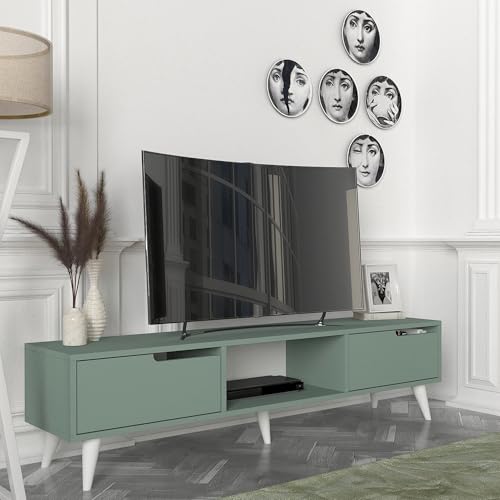 [en.casa] TV Schrank Kullila Lowboard Fernsehschrank 160 x 35 x 40 cm TV Board mit 1 offenem Fach und 2 Türen TV Kommode Fernsehtisch Grün/Weiß