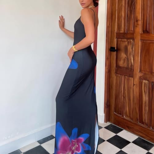 Image of Womens Summer Casual Floral Dresses Spaghetti Strap Bodycon Maxi Beach Dress Elegant Evening Party Long Dresses