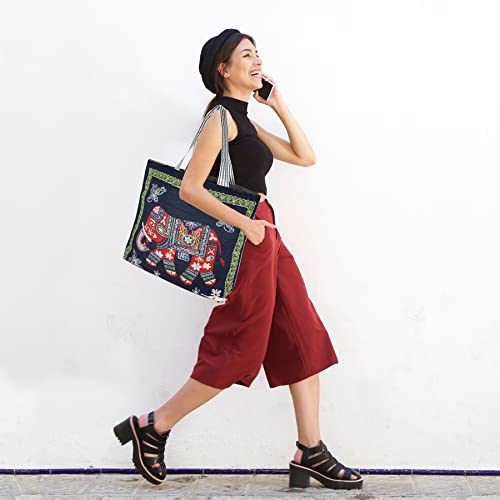 Hibala Tote Handbags For Women Large Embroidered Canvas Shoulder Bag Daily Bag Boho Bag (Elephant) #TOP5