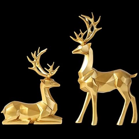 KILCVEM 2pcs Small Reindeer Sculpture Resin Christmas Elk Figurines Decor Gifts Nordic Style Ornaments for Home, Living Room, Bedroom, Office Desktop Shelf Decoration,Gold Cover