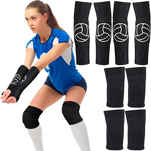 Hungdao 2 Set Volleyball Knee Pad and Arm Sleeve Volleyball Accessories Stuff Forearm Elbow Sleeve Wrist Guard with Protection Pad and Thumb Hole for Women Men Adult