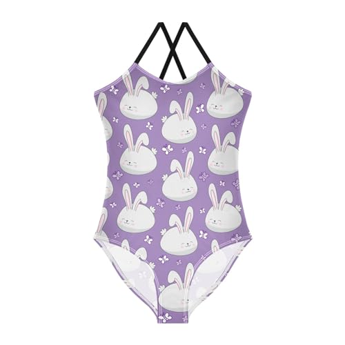 Bunny Butterfly Girls One Piece Swimsuits Purple Sport Halter Swimwear Beach Bathing Suit 9-10T