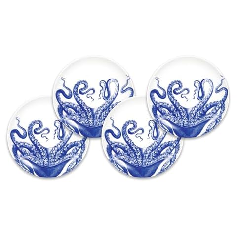 Caskata Lucy the Octopus Appetizer Plates Set of 4 | High-Design Lead-Free Porcelain Dinnerware Dessert Plate Set | Blue Dinnerware Set for Entertaining Everyday, Wedding or Birthday Gifts | 6.35 in Cover
