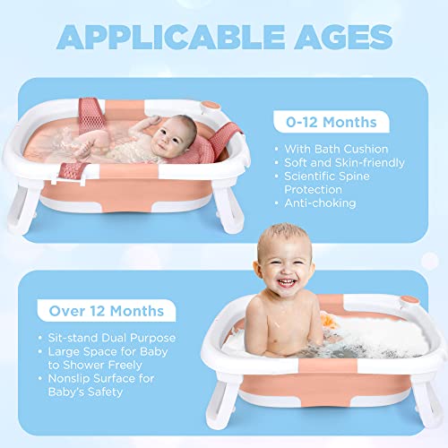 Image of BEBELEH™ Collapsible Baby Bathtub with Newborn Sling (Pink, Bathtub + Kneeler + Thermometer)