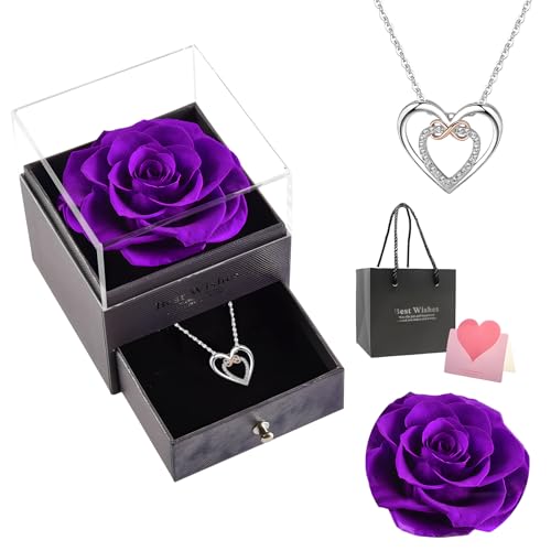 Tomalithic Rosa Eterna - Rosa Eterna con Collar, Eterna Hecha a Mano Flores, Caja de Regalo de Acrílico Transparente, Caja de Flores Violeta con Collar, Regalo para Mamá, Novia, Esposa