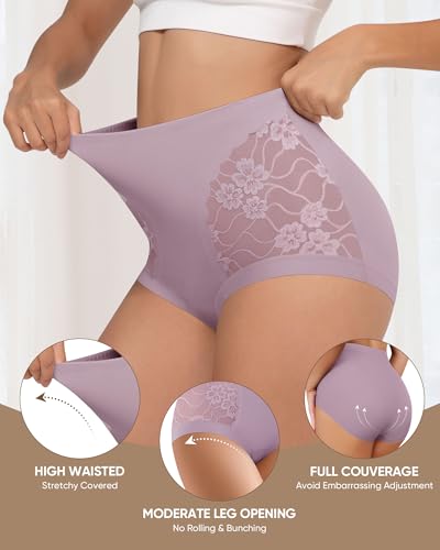 Women's High Waisted Lace Underwear Full Coverage Nylon Panties Soft Breathable Sexy Ladies Briefs 4-Pack S-XXL2