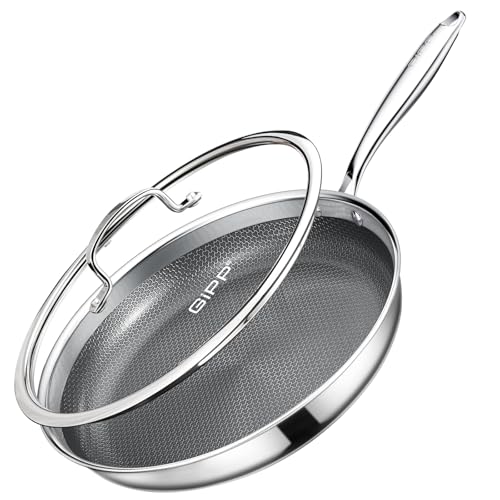 Image of GiPP Tri-Ply Stainless Steel Frying Pan with Lid, 12 inch Hybrid Frying Pans Nonstick Skillets, Dishwasher and Oven-Safe, Induction Ready, Compatible with All Cook tops, PFOS /PFOA Free