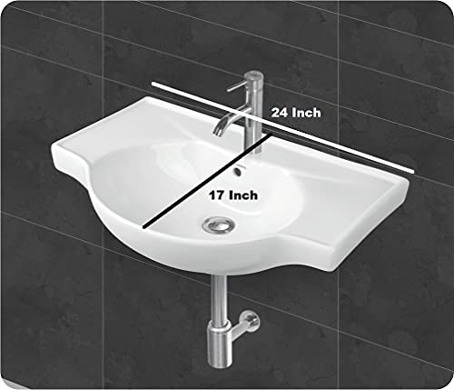 Image of Wash Basin Wall Hung Mounted Glossy Finish White Sink for Bathroom (24 x 17 x 7 Inch)