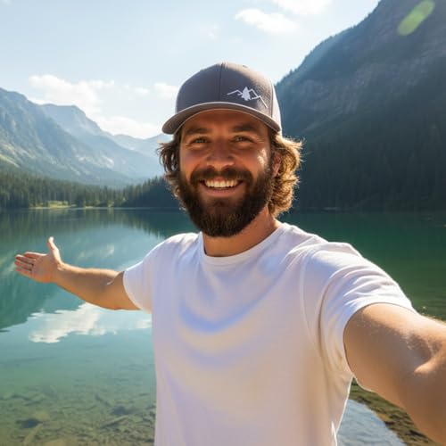 Image of LINDO Trucker Hat [ Great Outdoors Design ] for Men and Women: Mid Profile Cap with Breathable Mesh Back and Adjustable Snap