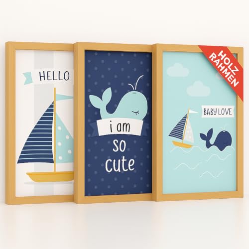  KB04 - Quadro per bambini con cornice in legno, pronto da appendere, per cameretta dei bambini, decorazione per la cameretta dei bambini, set da 3 poster da parete, formato A4, 30 x 21 cm