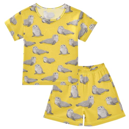ALAZA Seal Yellow Pajamas Short Sleeve 2 Piece Sleepwear Top and Bottom Pajama Set Unisex