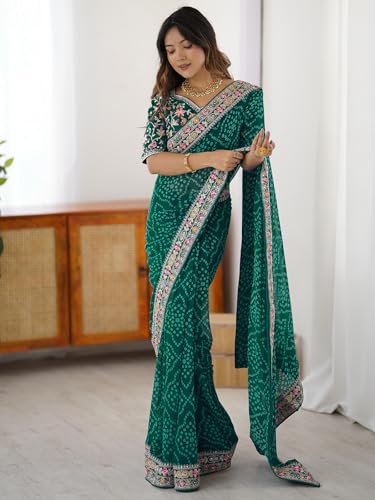 Image of Satrani Women's Georgette Bandhani Printed Sequin Embroidery Saree with Unstitched Blouse Piece