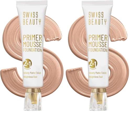 Image of Swiss Beauty Primer Mousse Foundation Weightless Smooth & Velvet Touch, Matte Finish, Face MakeUp, Medium Beige, 40ml (Pack of 2)